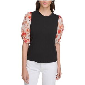 NWT DKNY Womens Black Mixed Media Metallic Pullover Top Shirt XS